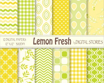 Lemon Fresh Digital Scrapbook Paper Pack-Yellow Green Plaid Chevron Flourish