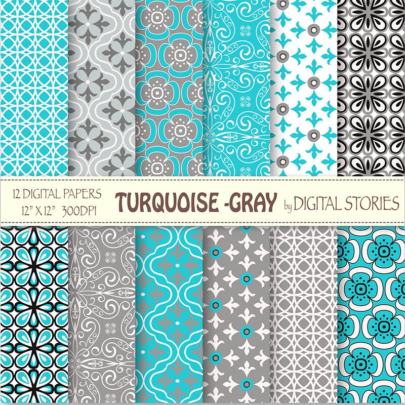 Turquoise Gray Digital Paper: turquoise Gray Retro Digital Scrapbook ...