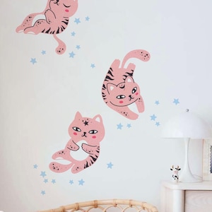 Kitten wall decal set for kid room    Cats and stars Mural    Cat sticker for the nursery    Cat and star constellation wall decal - HT097