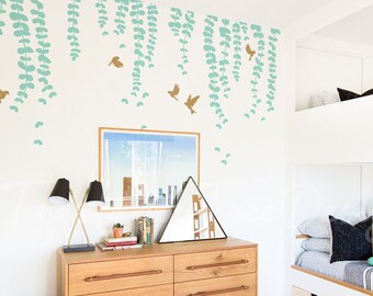 Décalcomanie murale botanique - branche sauvage, jeu d'autocollants d'oiseaux feuillus