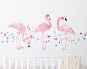 Watercolor Flamingo Wall Decal – Floral Kid's Room Mural