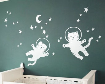 Space Cat Nursery Wall Decal – Planets and Stars Mural