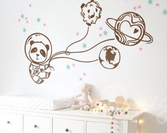 Naklejka ścienna z kosmiczną pandą, planety, wystrój pokoju dziecięcego