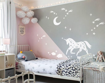 Unicorn Wall Decal Set – Space Unicorn & Constellation, Kids Room Decor
