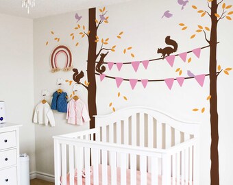 Ensemble d'autocollants muraux écureuils et guirlandes d'arbres – Déco pour chambre d'enfant