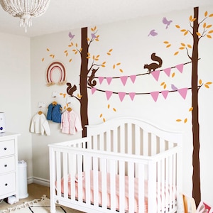 Kid Room Squirrels Wall Decal Set     Garland design set     Long Tree Murals    Squirrel Party Tree Decal - HT055