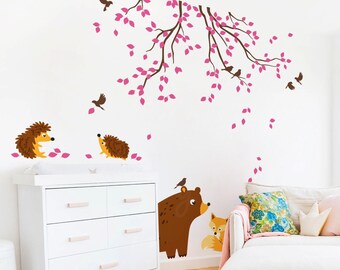 Stickers muraux branche d'animal de la forêt – Papier peint pour chambre d'enfant ours, renard et hérisson