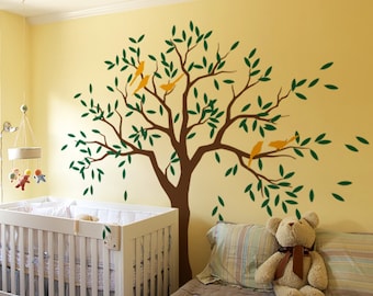 Duża naklejka ścienna z winylu z drzewem genealogicznym – wzór ptaków i liści