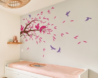 Décalcomanie murale branche d'écureuil - décoration murale d'arbre pour chambre d'enfant, accent d'oiseau