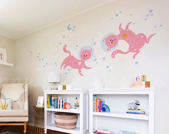 Kosmonauten Katzen Wandbild - Weltraum Konstellation Wandbild, Kinderzimmer Dekor