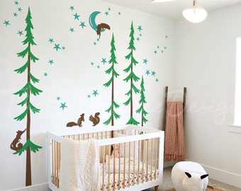 Spruce Tree Wall Decal Set – Forest Nursery Mural with Squirrels