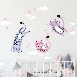 Pink, Violet, Lilac Cat Decal Set | Children's Room Cat Mural |  Playful Kitten Sticker | Easy-to-Apply Cat Wall Vinyls for Children - HT145