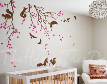 Zweig Wandtattoo Set Eichhörnchen Baum Abziehbild Beeren Ast Baum Wandsticker Home Decor - HT032