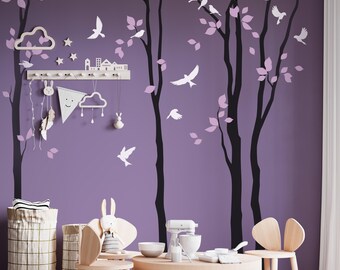 Long Tree Wall Decal Set – Birds and Leaves, Nursery Decor