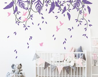 Naklejka ścienna z tropikalnymi liśćmi – Ptaki, fototapeta do pokoju dziecięcego