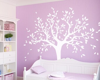 Sticker mural arbre généalogique - Grand arbre avec oiseaux et feuilles