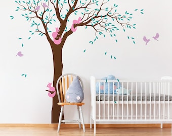 Décalcomanie murale arbre écureuil – décoration murale pour chambre d'enfant, ensemble décoratif d'oiseaux