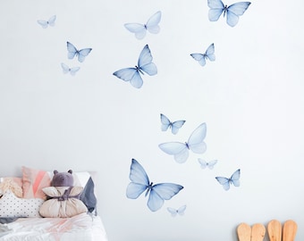 Blue Watercolor Butterfly decal set  |  Kid room fairy tail Wall art  |   Family Home Butterfly Decal_HT161