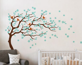 White blossom Tree Decal    Nursery wind tree Mural    Kid room Wall Sticker - HT080