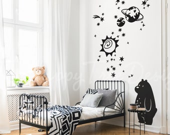 Sticker mural ours de l'espace – planètes et étoiles déco pour chambre d'enfant