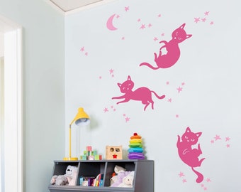 Weltall Katzen & Sterne Wandtattoo Set - Kinderzimmer Wandbild