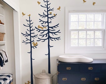 Spruce Tree Wall Decal – Squirrels & Birds, Kid's Room Decor