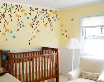 Décalcomanie murale branche botanique - décoration murale papillons