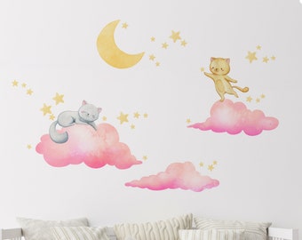 Aquarell Katzen, Wolken, Sterne Wandtattoo Set, Kinderzimmer Wandbild