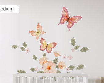 Big flower Butterfly Mural set    Toddler Fairy tail butterfly room   Peach color flower Wall mural set - HT149