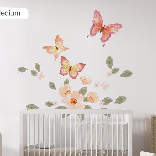 Ensemble mural papillon grande fleur pour tout-petit, chambre papillon Fairy tail, fleur couleur pêche, décoration murale - HT149