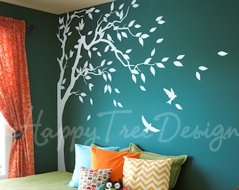 White Tree Wall Decal – Birds & Leaves, Home Decor