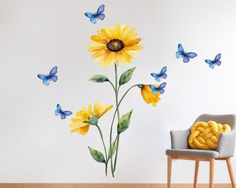 Yellow Flower & Blue Butterfly Wall Decal | Botanical Mural