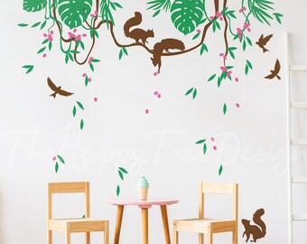 Zestaw naklejek na ścianę z motywem tropikalnych wiewiórek - HT030