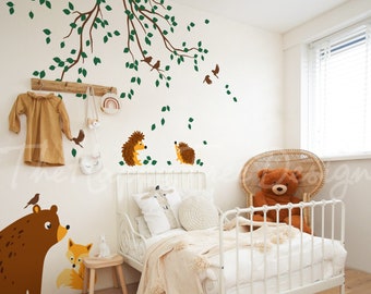 Stickers muraux animaux de la forêt - Sticker branche, ours, renard, hérisson