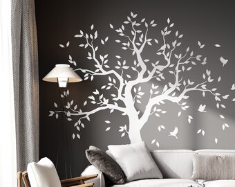 Sticker mural arbre généalogique, décoration de salon, oiseaux et feuilles