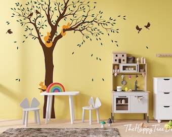 Sticker mural arbre écureuil | Papier peint forêt