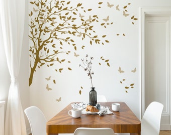 Gold Tree and Butterfly Corner Wall Decal, Elegant Mural