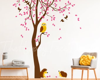 Ensemble d'autocollants muraux arbre forestier - hibou, hérisson, design animal
