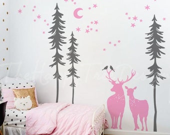 Forest Deer Wall Decal Set – Spruce Trees, Constellation Mural