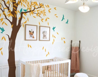 Tree & Yellow Leaf Wall Decal – Nursery Wall Art Set