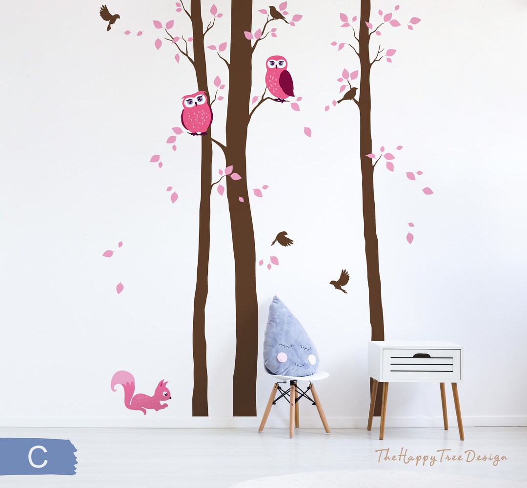 Owl Wall Decal Set Animal Tree Decal Long Tree Decal and Bird Set ...