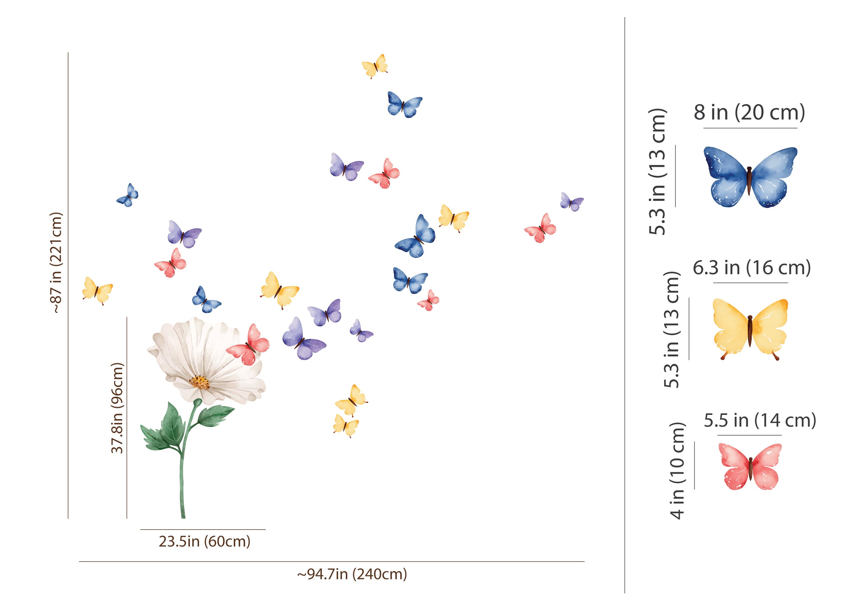 Butterfly Wall Decal Set | Flower Mural, Kid's Room Decor - Etsy