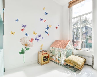 Butterfly Wall Decal Set | Flower Mural, Kid's Room Decor