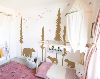 Bear Family Wall Decal Set – Forest Tree Mural, Kid's Room Decor