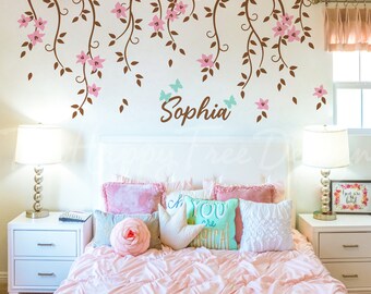 Personalized Flower Branch Wall Decal – Kid Room Mural Set