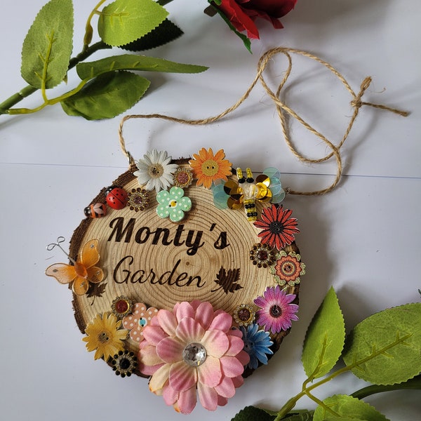 Personalised Wood Engraving, Embellished Garden Shed Floral Log, Hanging Wooden Log Sign with Customised Engraving, Personalised Garden Sign