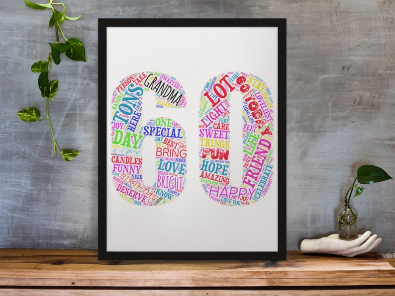 60th birthday gift personalised word art a4 gloss print