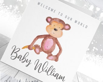 EDITABLE Personalised Welcome To Our World New  Card CUTE Jungle/Safari Animals  Card, Cute  Monkey Card,  Boy,  Girl