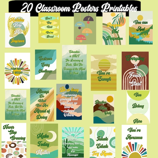 Nature GROWTH MINDSET POSTER set of 20, elementary, secondary classroom decor greenery eucalyptus motivational Mountains