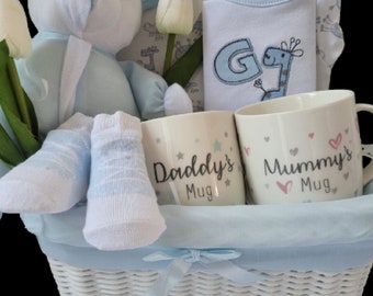 Baby boy gift Luxury Baby hamper, new parent gift,mummy daddy mug , Baby Boy gift with Parents mugs, Deluxe Magnetic Gift Box, Baby Shower